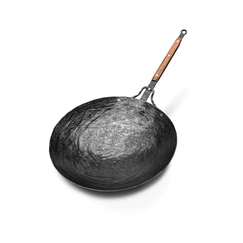 Handgeschmiedete Wokpfanne 40 cm mit langem Stiel aus Kohlenstoffstahl – ideal für offenes Feuer, Grill und Gasherd