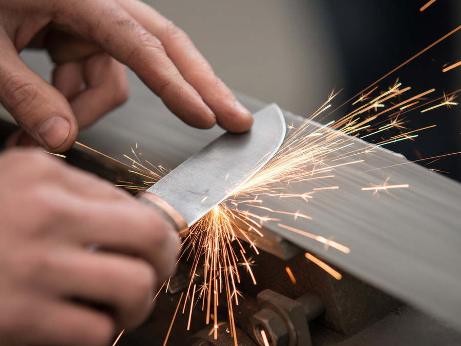 Knives are hand-sharpened on a grinding belt at Fyreza