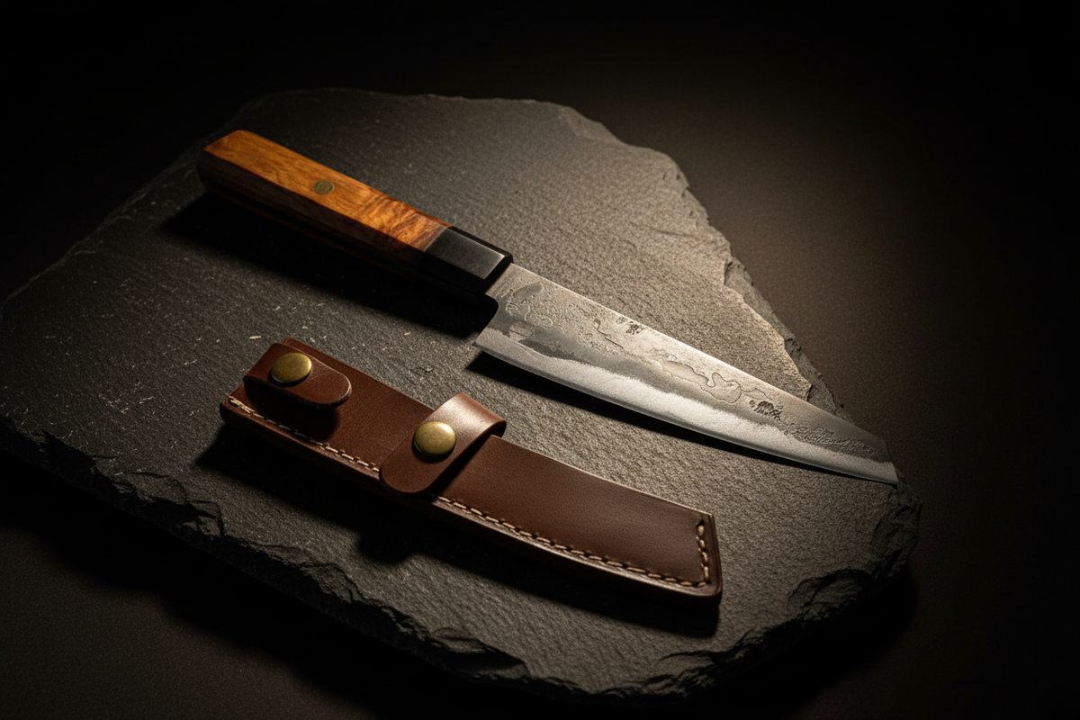 Hand-forged knife in a leather sheath, securely packaged for shipping