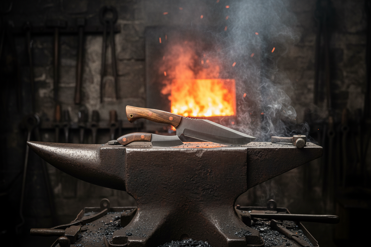 Smith working glowing carbon steel with a hammer
